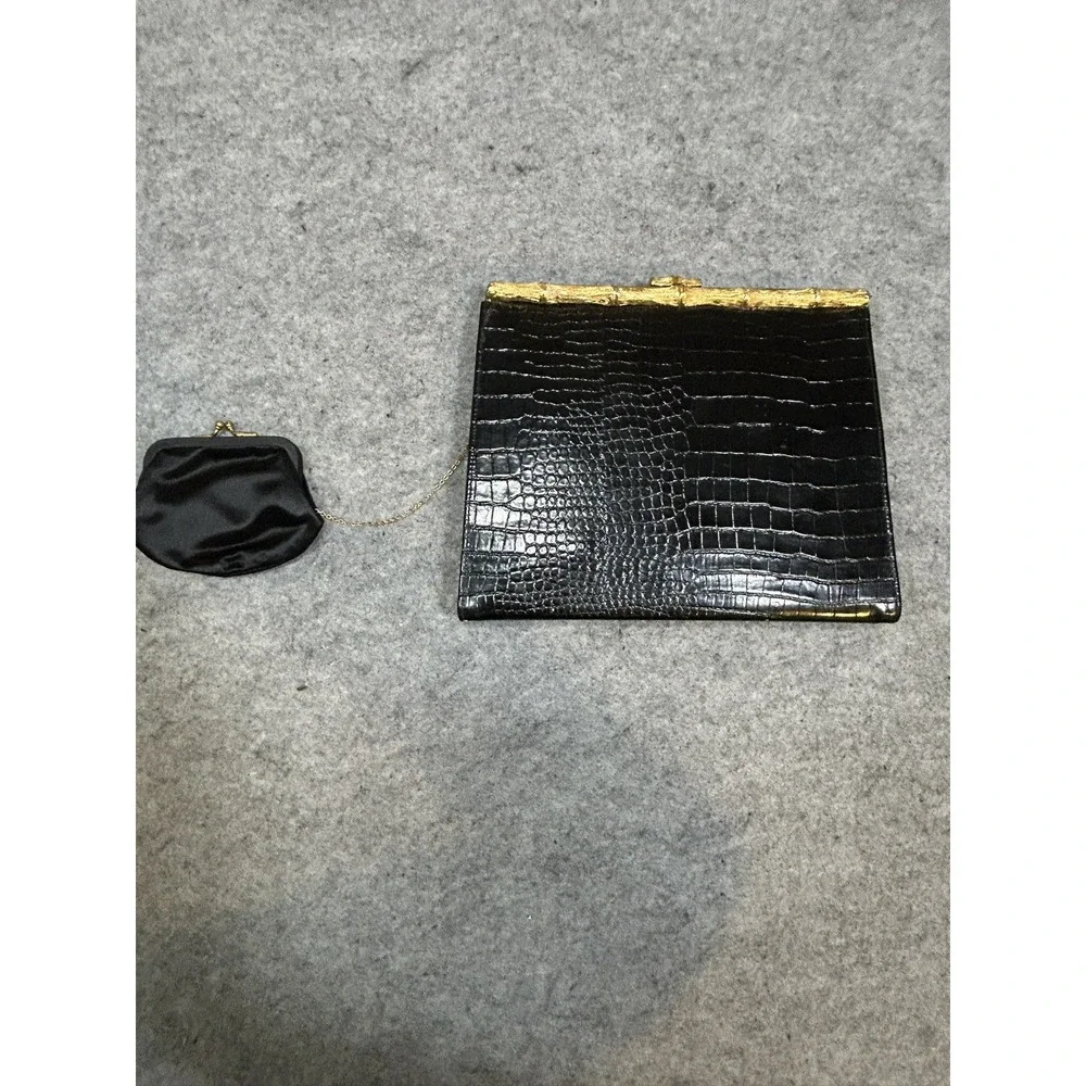 AFTER FIVE BLACK FAUX ALLIGATOR HANDBAG PURSE CHANGE PURSE VINTAGE Clutch Glam